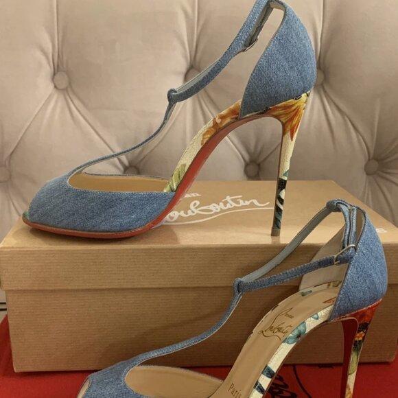 Christian Louboutin Women Senora 4" Denim Hawaii Peep Toe Pumps Sz 36.5 Blue NIB - Picture 6 of 15